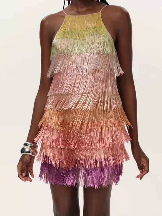 For Love And Lemons Dresses & Skirts - For Love & Lemons Multicolor Ombre Fringe Mini Dress — Green Pink Gold Purple
